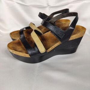 NAOT Canaan Black Tan Leather Strappy Wedge Sandals Casual Women's Shoes Size 7
